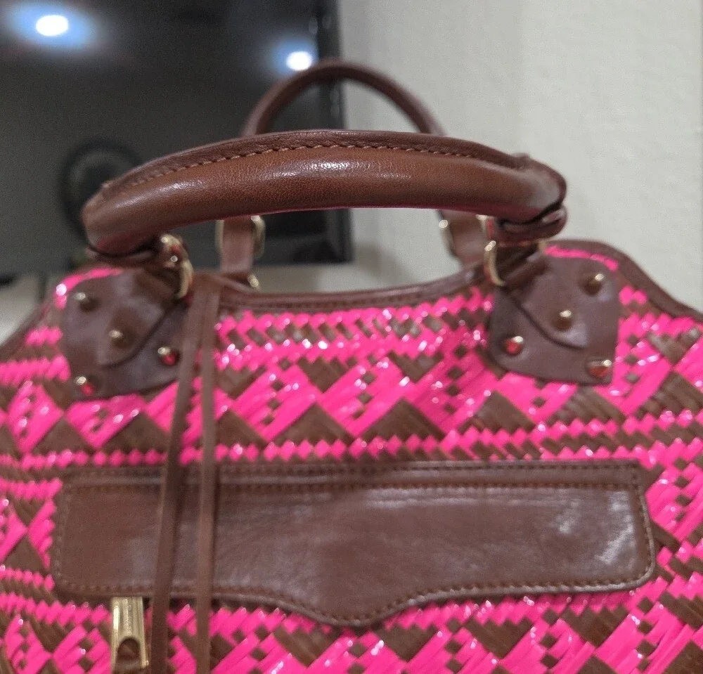 Rebecca Minkoff Pink and Brown Woven Satchel with Leather Trim Original Dust Bag